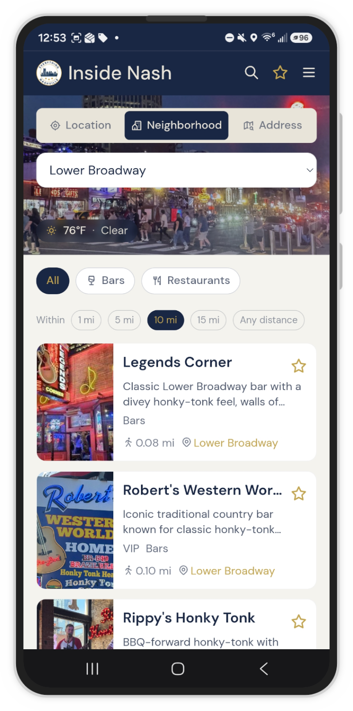 Inside Nash app showing Nashville bars and restaurants near you, sorted by walking distance