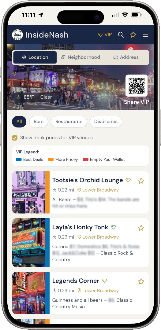 InsideNash app showing Nashville bars and restaurants near Lower Broadway, sorted by walking distance